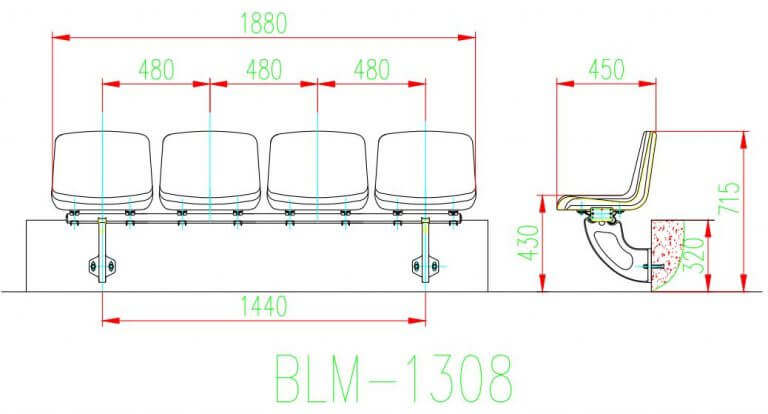 Ghế sân vận động BLM-1308 3 Kích thước Ghế sân vận động BLM-1308