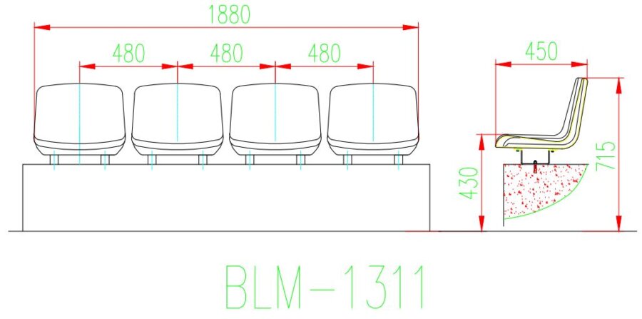 Ghế sân vận động BLM-1311 4 Kích thước Ghế sân vận động BLM-1311