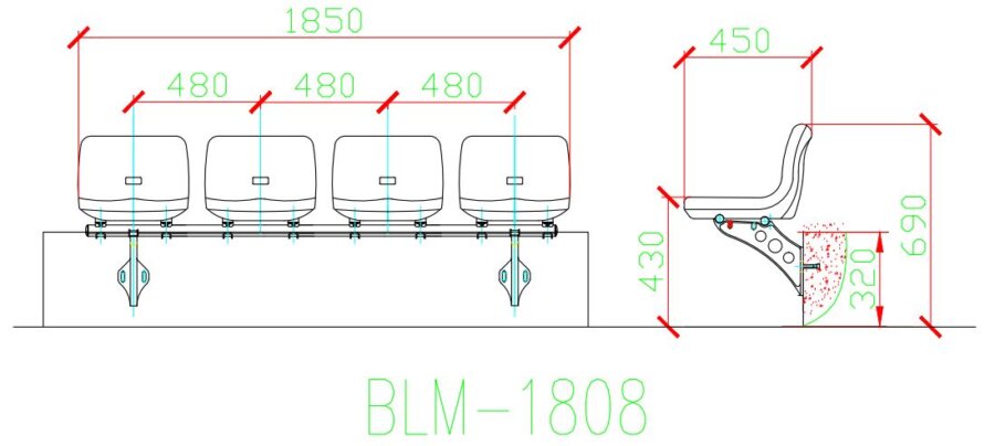 Ghế sân vận động BLM-1808 4 Kích thước Ghế sân vận động BLM-1808