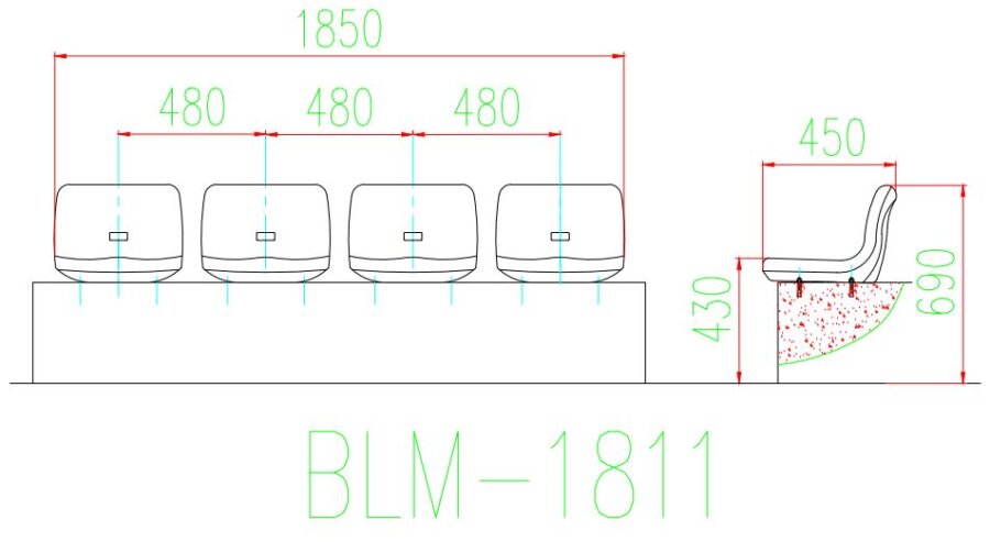 Ghế sân vận động BLM-1811 4 Kích thước Ghế sân vận động BLM-1811