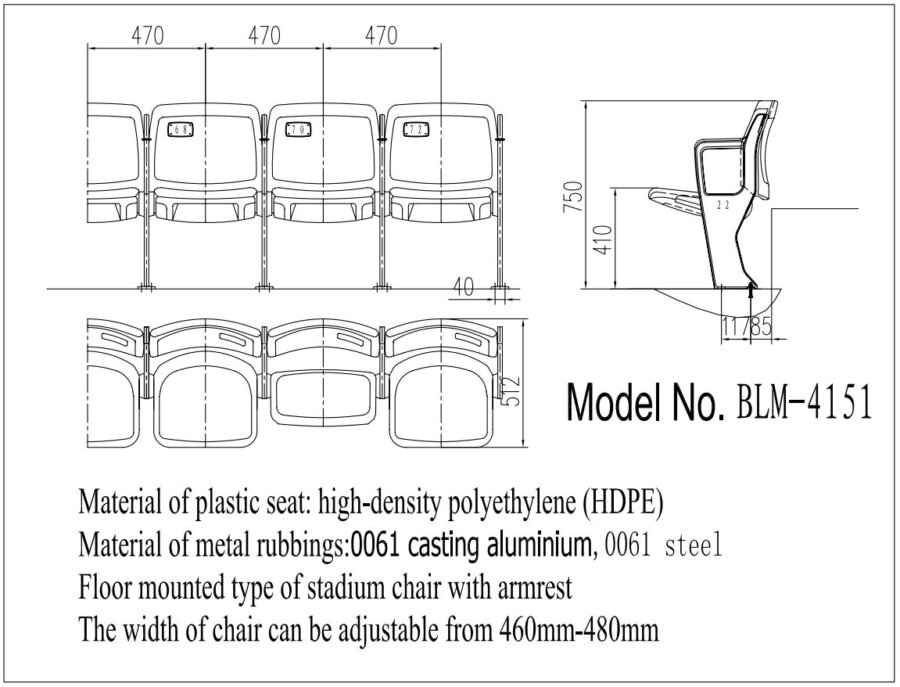 Ghế sân vận động BLM-4151 4 Kích thước Ghế sân vận động BLM-4151