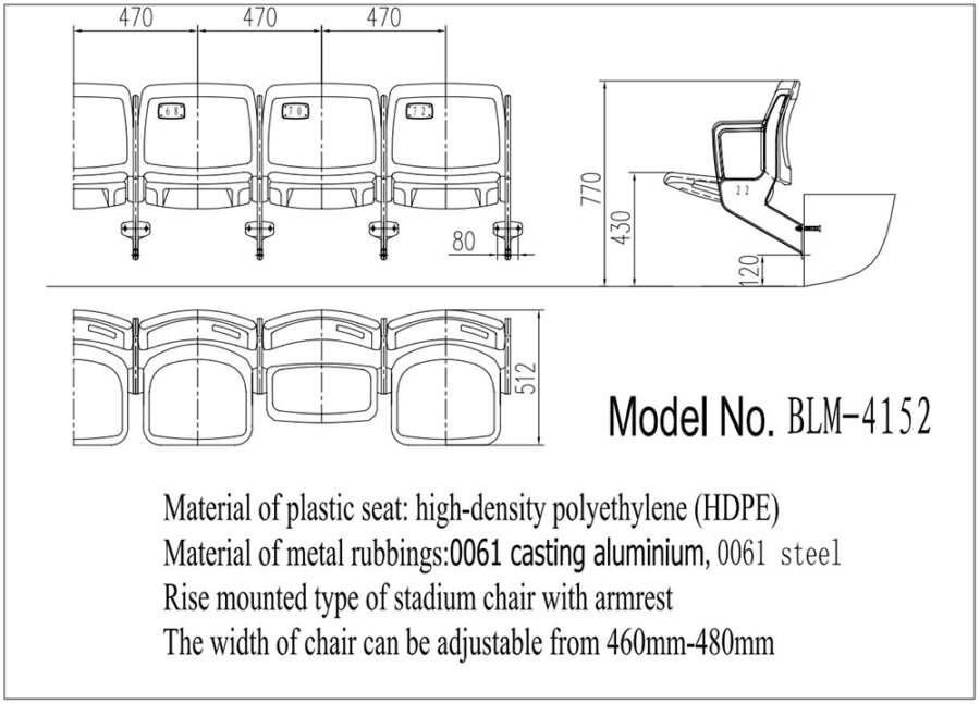 Ghế sân vận động BLM-4152 4 Kích thước Ghế sân vận động BLM-4152