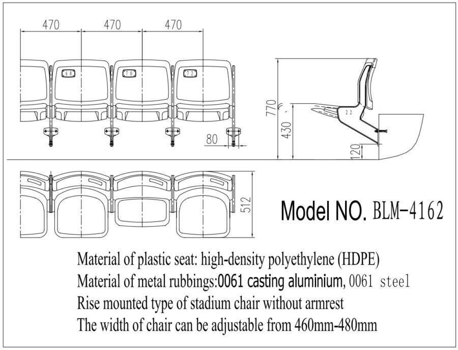 Ghế sân vận động BLM-4162-1 4 Kích thước Ghế sân vận động BLM-4162