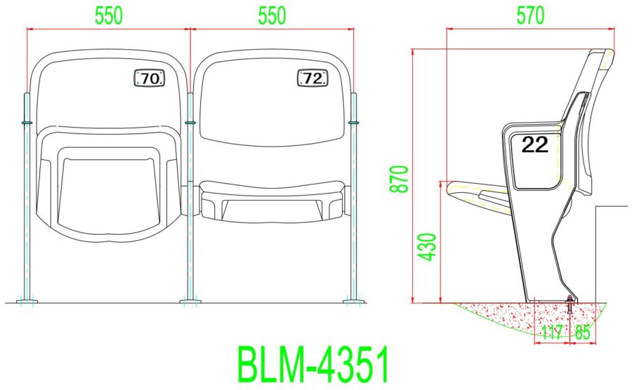 Ghế sân vận động BLM-4351 4 Kích thước Ghế sân vận động BLM-4351