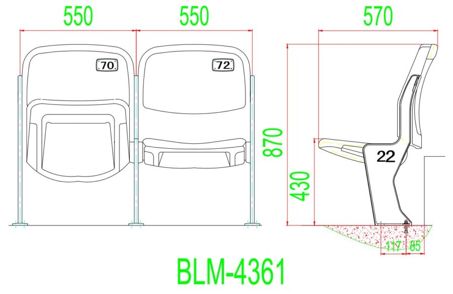Ghế sân vận động BLM-4361 4 Kích thước Ghế sân vận động BLM-4361