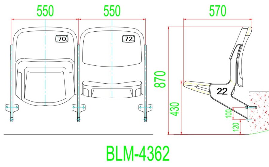 50 Mẫu ghế khán đài nhà thi đấu lưng cao, lưng thấp 9 Kich thuoc Ghe san van dong BLM 4362
