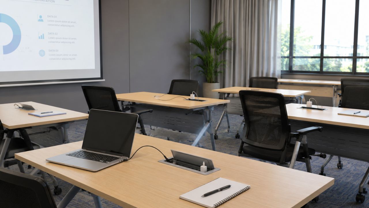 Bàn ghế hội trường có tích hợp công cụ tiện ích