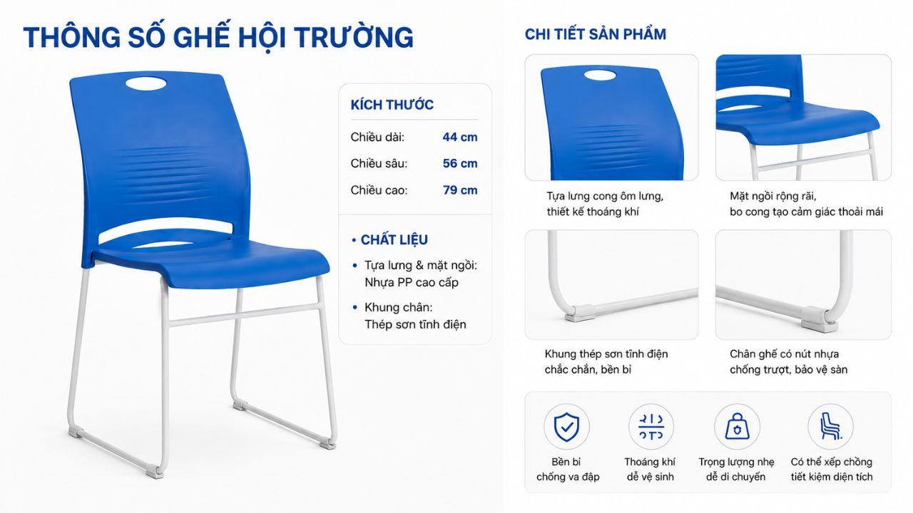 Thông số ghế hội trường tựa nhựa