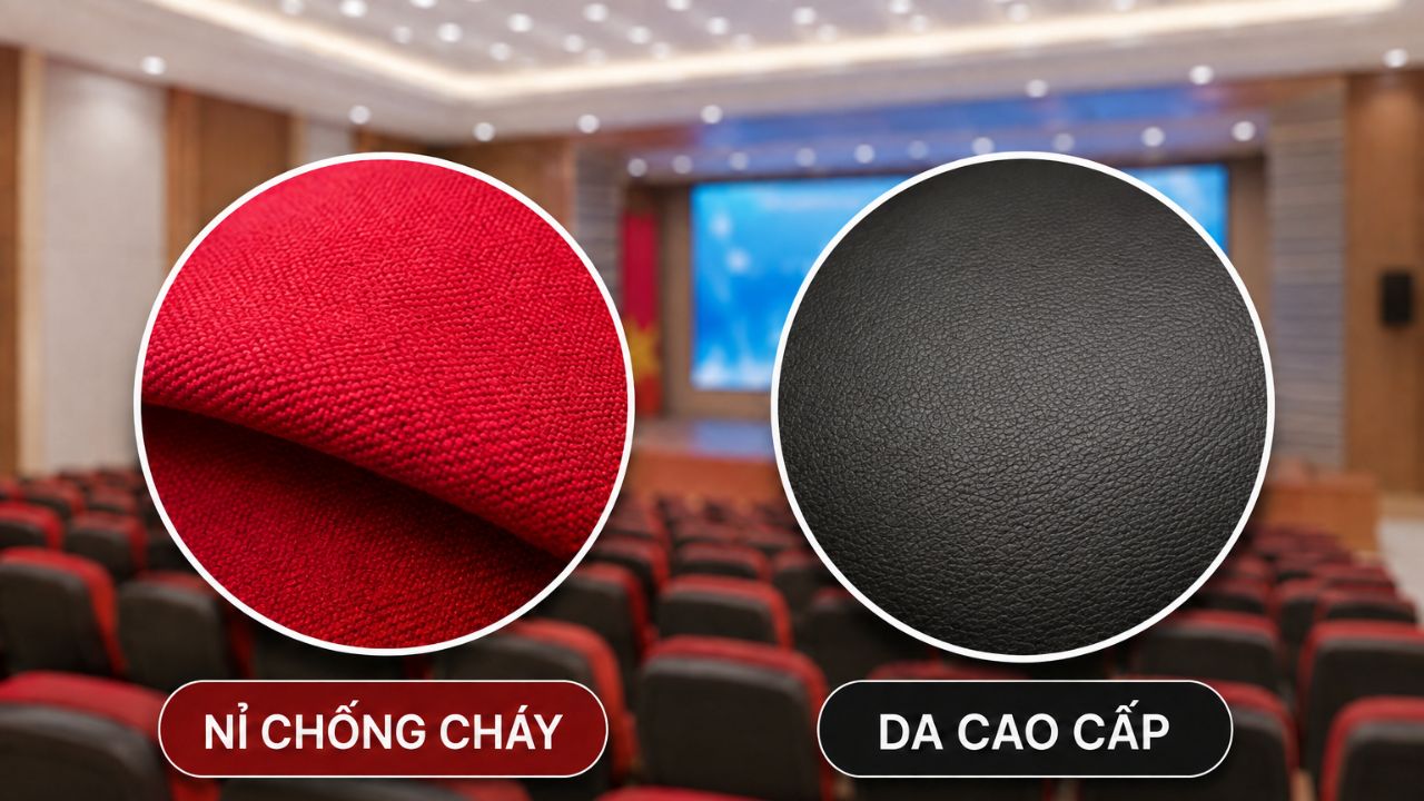 Cách Chọn Ghế Hội Trường Cho Trung Tâm Hội Nghị Chuẩn Nhất 2026 2 Hai loại chất liệu da và nỉ cấu tạo nên ghế hội trường