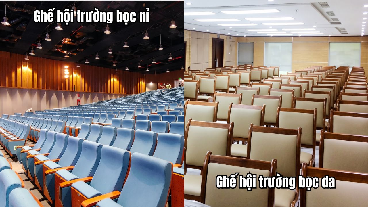 Cách Chọn Ghế Hội Trường Cho Trung Tâm Hội Nghị Chuẩn Nhất 2026 4 So sánh hình ảnh hai hội trường dùng hai chất liệu ghế bọc da và ghế bọc nỉ